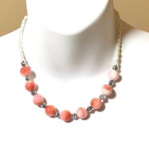 Beaded Dyed Pink Agate & White Freshwater Pearl Adjustable Necklace